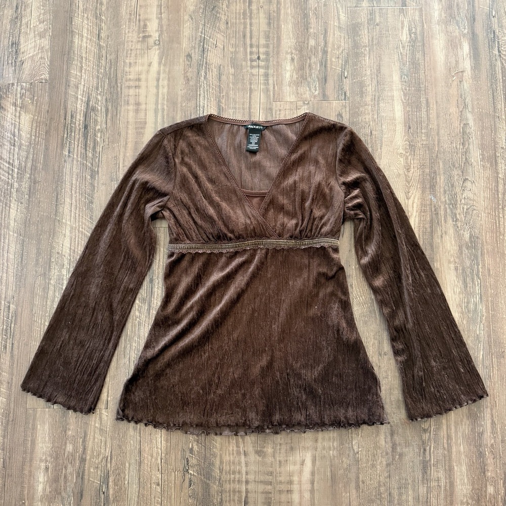 VTG Y2K Womens Velvet Babydoll Top Size M Brown Boho Peasant Whimsigoth Tie Back
